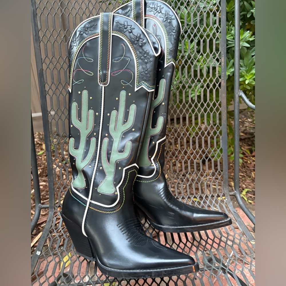ZARA CONTRASTING KNEE HIGH CACTUS COWBOY BOOTS - Picture 9 of 13
